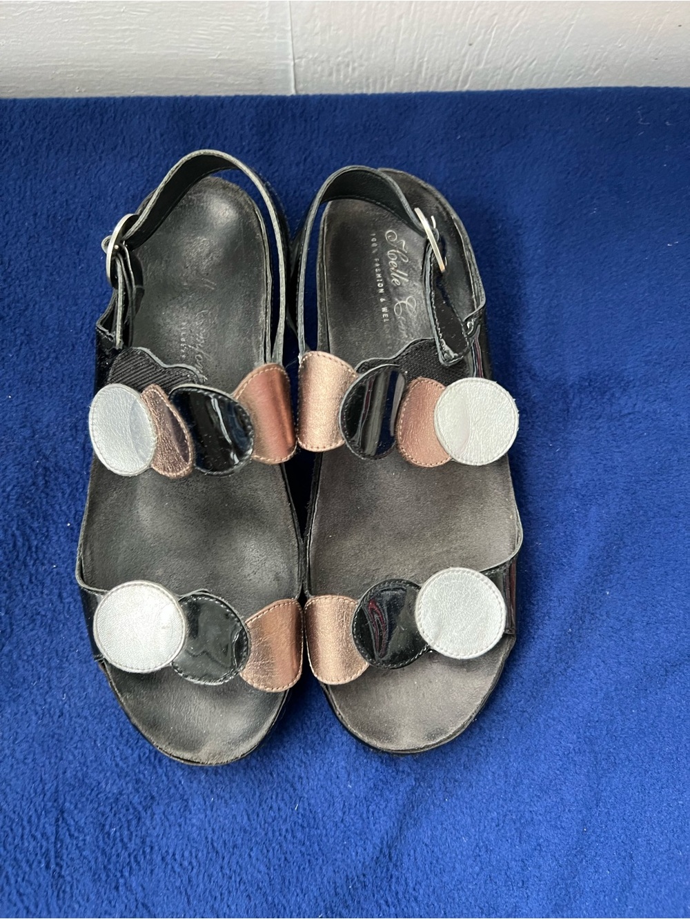 Helle Comfort Black Sandals with Silver and Bronze Accents